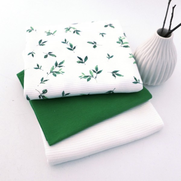 Stoffpaket Waffeljersey, 'Zweige', Grün/Naturweiß, Uni, Naturweiß, Bündchen