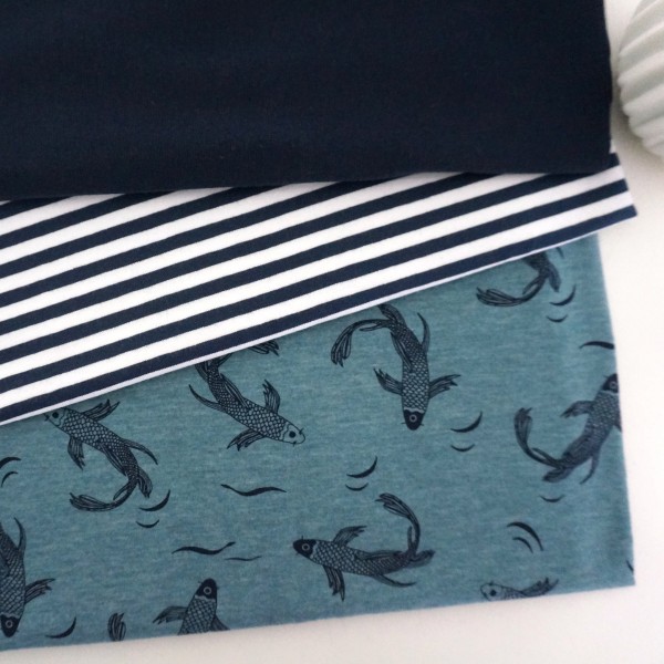 Stoffpaket Jersey Kois, Fische, Streifen, Dunkelblau, Bündchen