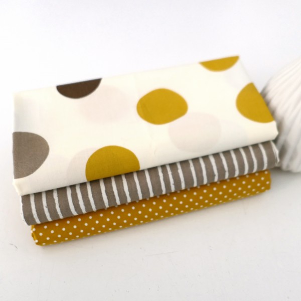 Stoffpaket Baumwolle, 3 Stoffe, Birch, swafing, Taupe, Senf, Kleckse, Linien, Punkte