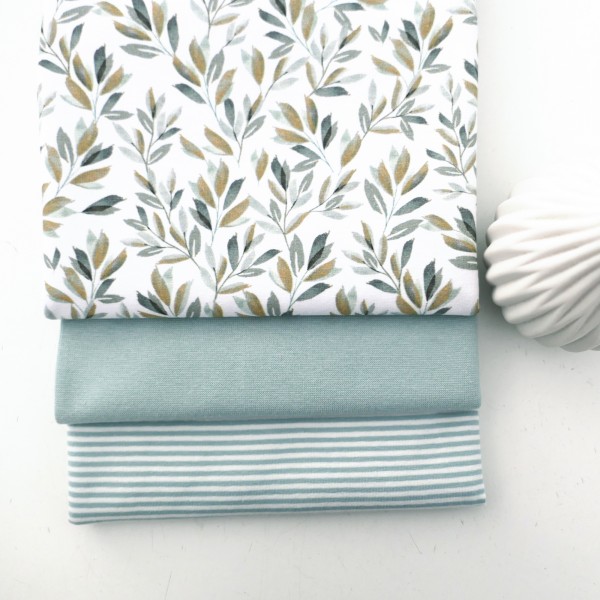 Stoffpaket Jersey Blätter, Zweige, Mint, Ringel, 50cm Bündchen