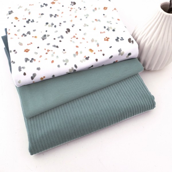 Stoffpaket Jersey Kleckse Water Colour, Cordjersey Uni Smaragd, Bündchen