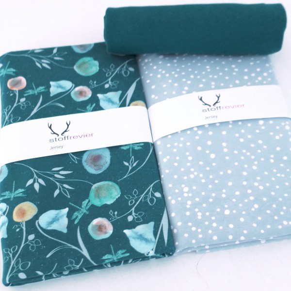 Stoffpaket Jersey Aquarellblüten Joy, Kleckse Bleu, Bündchen