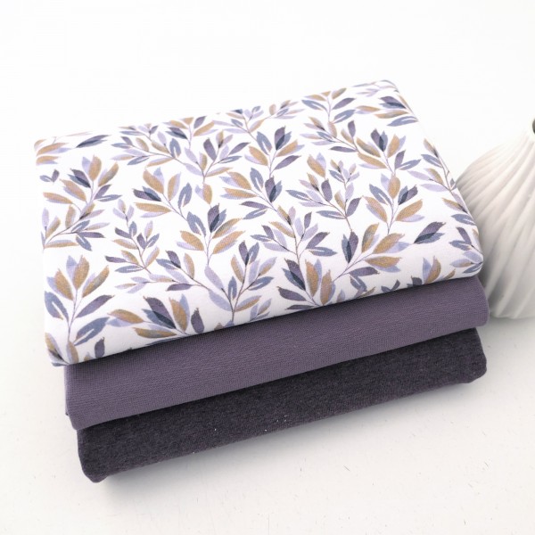 Stoffpaket Jersey Blätter, Zweige, Mauve, Uni melange, 50cm Bündchen