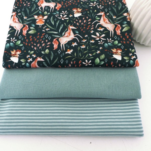 Stoffpaket Jersey, Einhörner und Elfen Petrol, Ringel Mint, 25 cm Bündchen