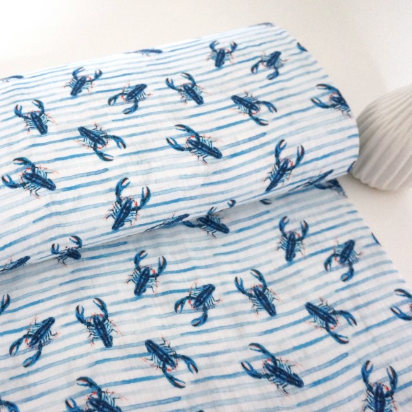 Musselin, Double Gauze, Lobster, Weiß/Blau, Meterware