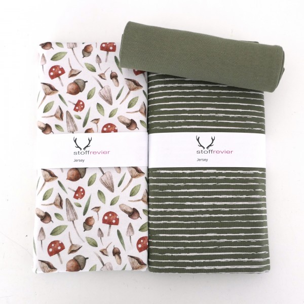 Jersey Stoffpaket, Pilze und Eicheln Weiß, Linien, Moos, 50cm Bündchen