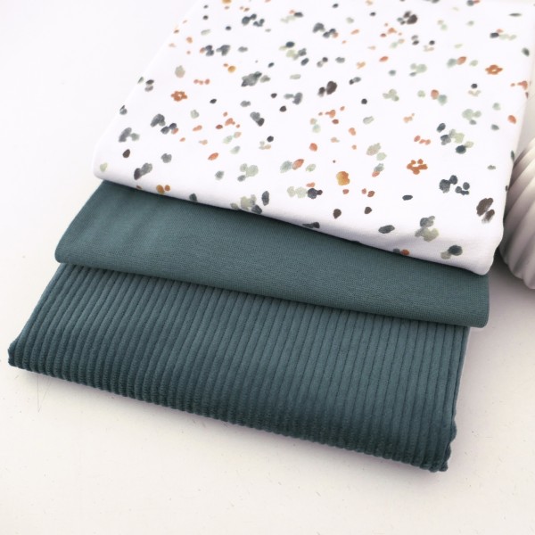 Stoffpaket Jersey Kleckse Water Colour, Cordjersey Uni Smaragd, Bündchen