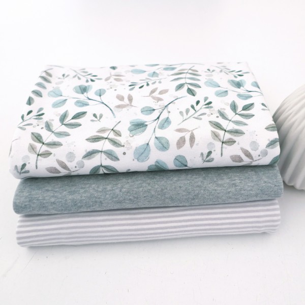 Jersey Stoffpaket, Zweige, Blätter, Mint, Ringel, Hellgrau, 50cm Bündchen