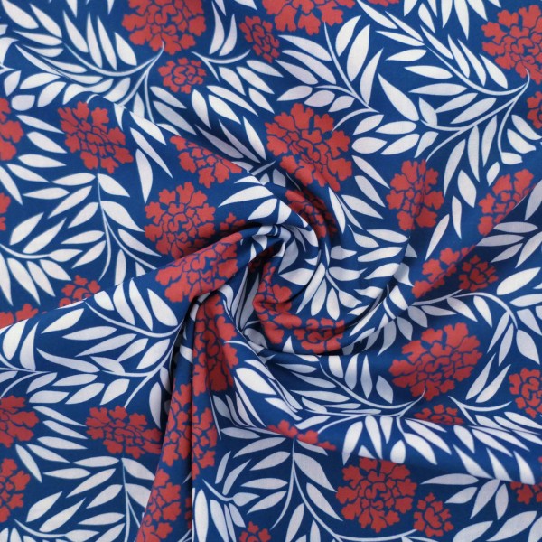 Baumwollstoff 'Kim' Blüten, Dolden, Blau, Koralle, Meterware swafing