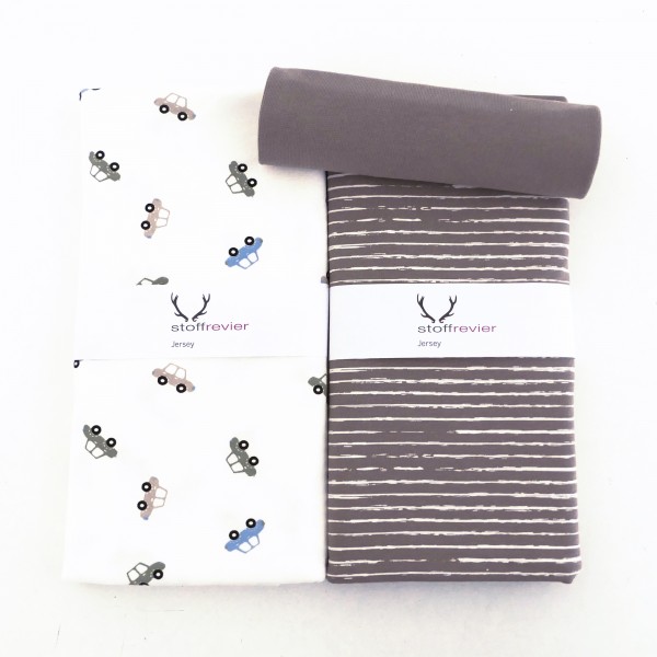 Stoffpaket Jersey, kleine Autos Off-White, Linien Taupe, Bündchen