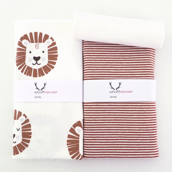 Jersey Stoffpaket, Löwenköpfe Natur/Braun, Ringel, Bündchen