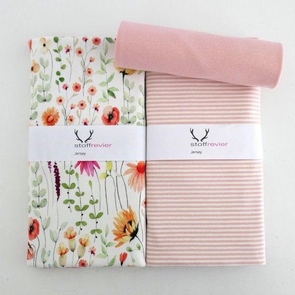 Stoffpaket Jersey Wiesenblumen, Off-White, Ringel Lachsrosa, Bündchen