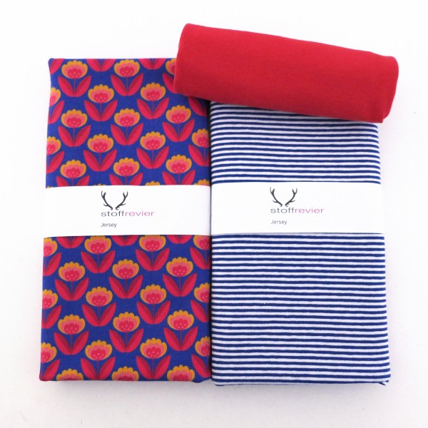 Stoffpaket Jersey, Retroblume, Blau, Ringel, 50 cm Bündchen Rot