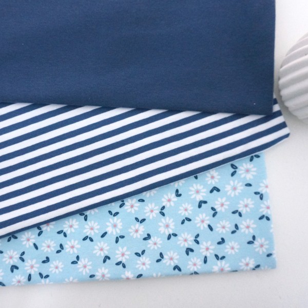 Stoffpaket Jersey, Streublumen, Hellblau, Streifen, Bündchen