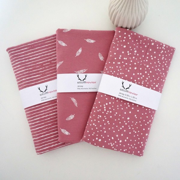 Jersey Stoffpaket Federn, Kleckse, Linien, Altrosa