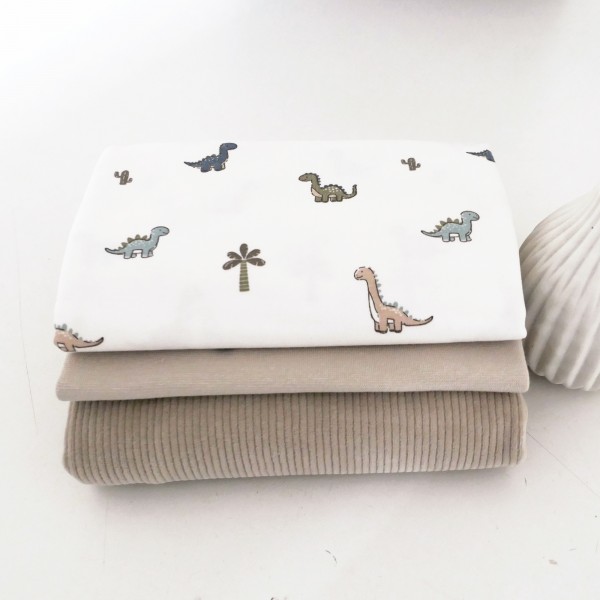 Stoffpaket Jersey Dinosaurier, Off-White, Jersey-Cord Uni Beige, Bündchen