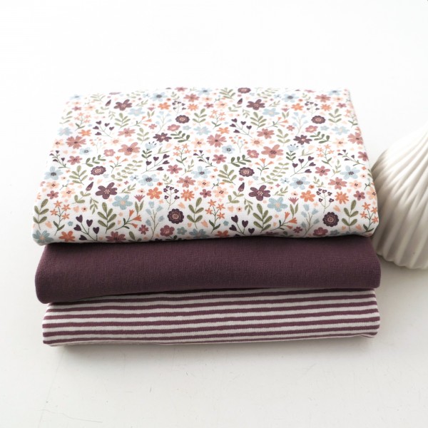 Stoffpaket Jersey, Streublumenwiese, Ringel, Bündchen 50cm Mauve