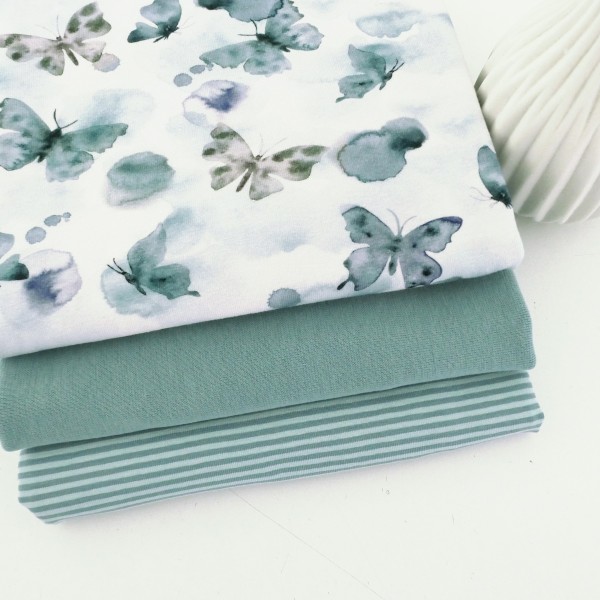 Stoffpaket Jersey Butterfly, Schmetterlinge, Ringel u. 50 cm Bündchen Mint
