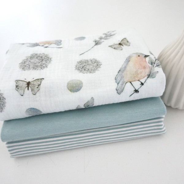 Stoffpaket Musselin Jersey, Rotkehlchen, Ringel Mint, Bündchen