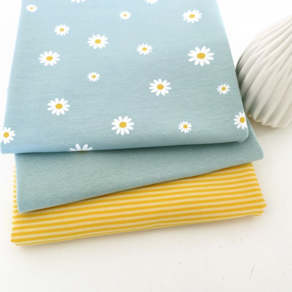 Stoffpaket Jersey, Margheriten, Mintblau, Ringel Gelb, Bündchen