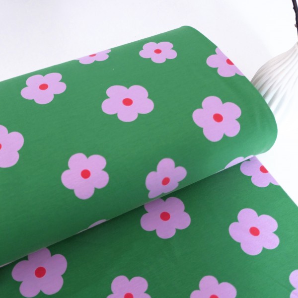 Jersey Prilblumen, Rosa, Grün, Meterware