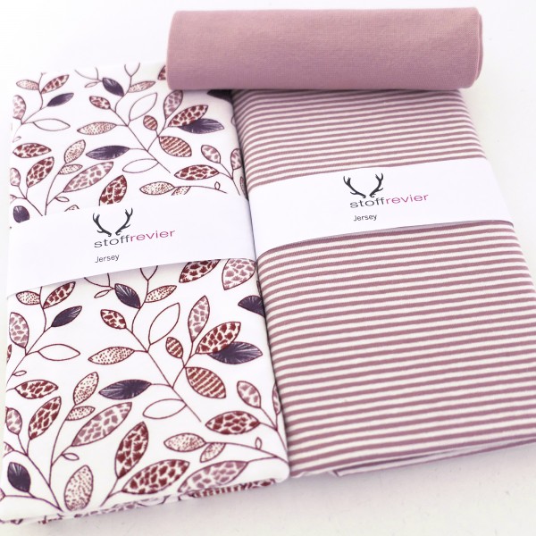 Jersey Stoffpaket, Blätter, Zweige, Ringel, Bündchen Altrosa