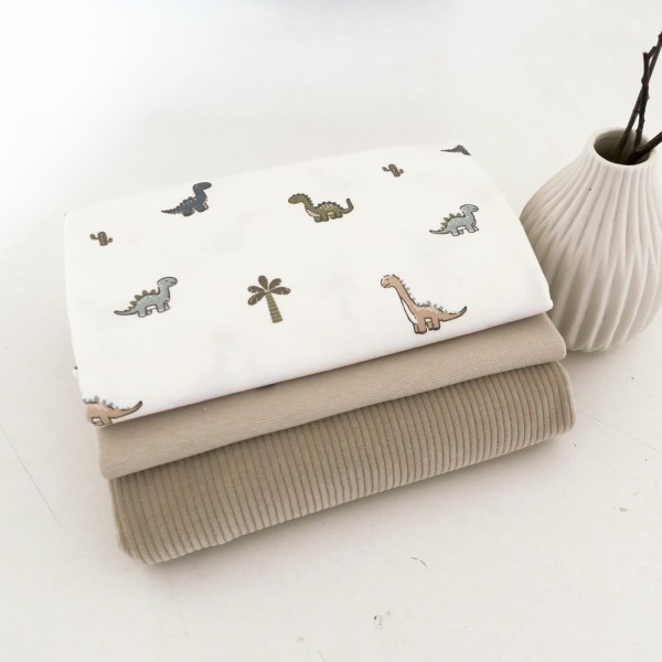 Stoffpaket Jersey Dinosaurier, Off-White, Jersey-Cord Uni Beige, Bündchen