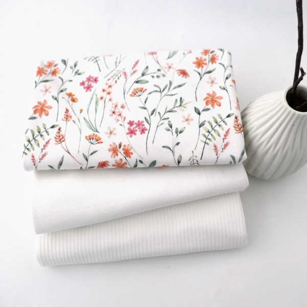 Jersey Stoffpaket, Kräuterwiese, Ripjersey Uni, Bündchen Off-White