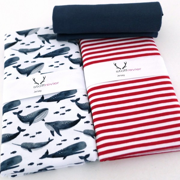 Stoffpaket Jersey Wale, Weiß, Ringel 5mm Rot, 50cm Bündchen