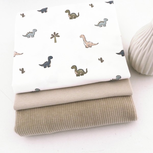 Stoffpaket Jersey Dinosaurier, Off-White, Jersey-Cord Uni Beige, Bündchen