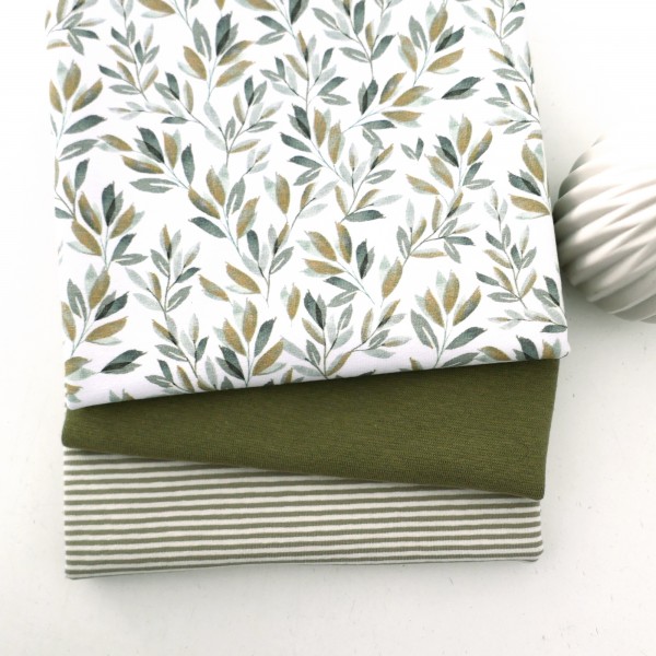 Stoffpaket Jersey Blätter, Zweige, Ringel, Bündchen Oliv