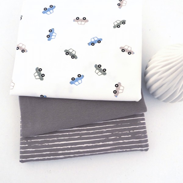 Stoffpaket Jersey, kleine Autos Off-White, Linien Taupe, Bündchen