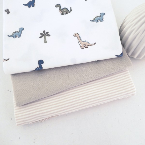 Stoffpaket Jersey, Dinosaurier Off-White, Ringel Creme, 50cm Bündchen