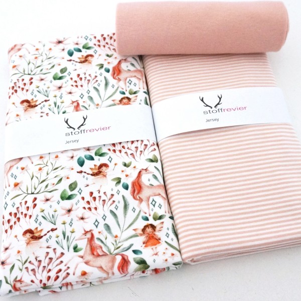 Stoffpaket Jersey, Einhörner und Elfen, Ringel Rosé, 50 cm Bündchen