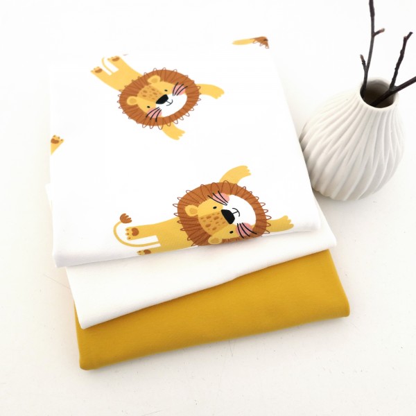 Stoffpaket Jersey 'Wilde Löwen' Off-White, Uni Gelb, 50cm Bündchen