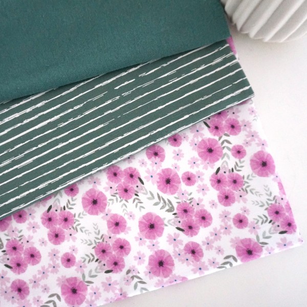 Stoffpaket Jersey, Blumen, Pink Linien Altgrün, Bündchen