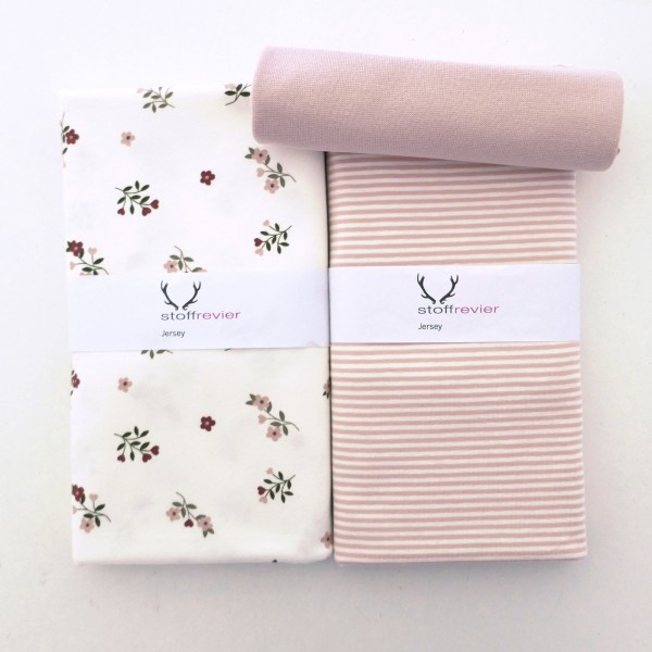 Stoffpaket Jersey, Streublumen, Ringel, 50cm Bündchen Rosé