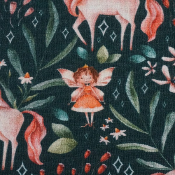 Jersey, Egge, Blumenelfen, Einhörner, Petrolgrün swafing, Meterware