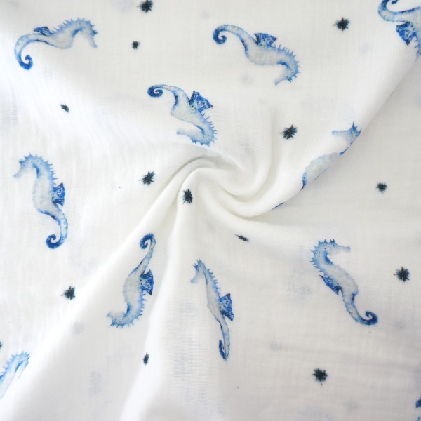 Musselin, Double Gauze, Seepferdchen Blau, Meterware