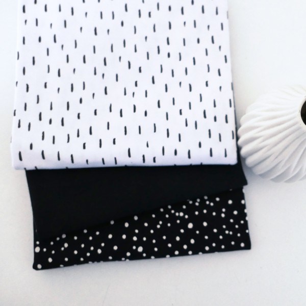Jersey Stoffpaket, Black&White, Striche Weiß, Kleckse Schwarz, 50cm Bündchen