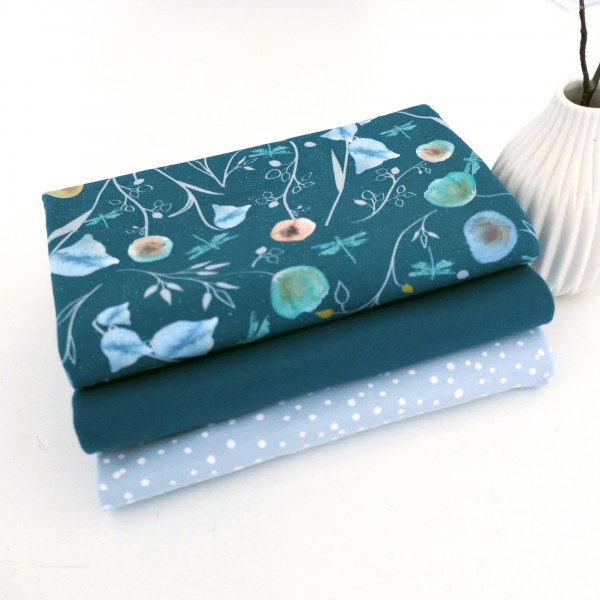 Stoffpaket Jersey Aquarellblüten Joy, Kleckse Bleu, Bündchen