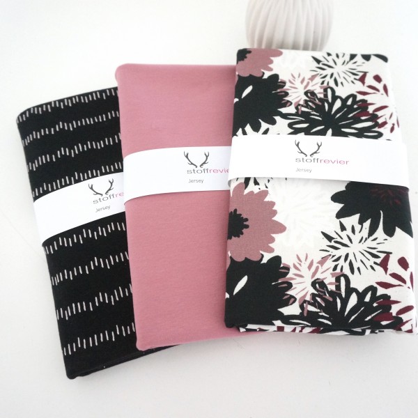 Stoffpaket Jersey, große Blüten, Altrosa, Striche Schwarz, Uni
