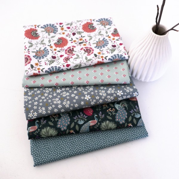 5 x 50 x 140 cm, Stoffpaket, Pfauen, Punkte, Blumen, Baumwolle