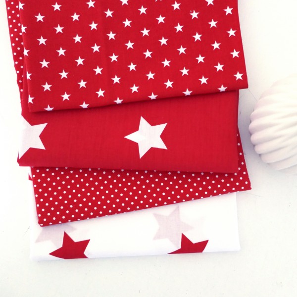 Stoffpaket Baumwolle, 4 x 50 x 140 cm, große Sterne, Dots, Rot/Weiß