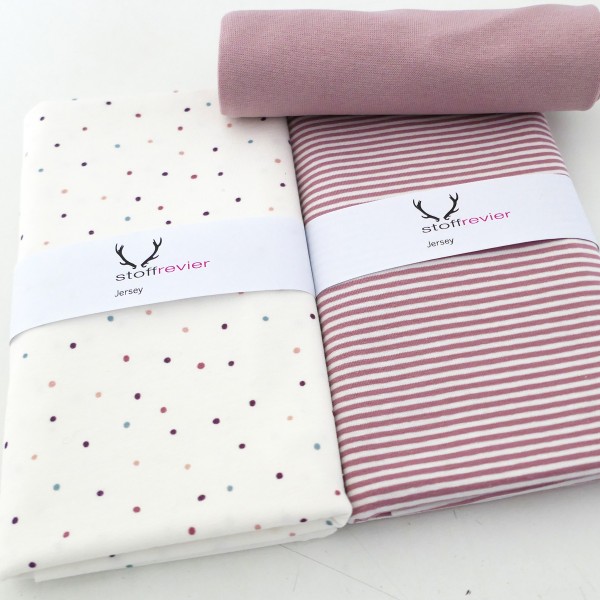 Stoffpaket Jersey, kleine Punkte, Altrosa, Ringel, 50 cm Bündchen Altrosa