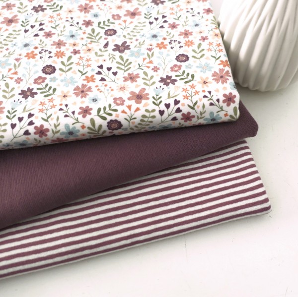 Stoffpaket Jersey, Streublumenwiese, Ringel, Bündchen 50cm Mauve