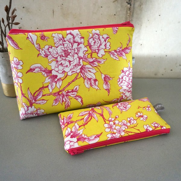 Kulturtasche und kleine Schminktasche im Set, Kirschblüte, Gelb