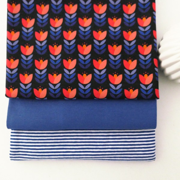 Stoffpaket Jersey, Retro Tulpe, Schwarz, Ringel Royalblau, 50 cm Bündchen