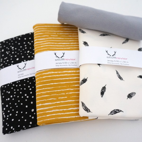 Jersey Stoffpaket 'Black, White, Mustard' Federn, Linien, Kleckse