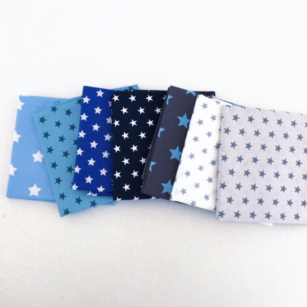 Stoffpaket Baumwolle, 7 x Fat Quarter, Sterne, Blau, Grau, Patchwork